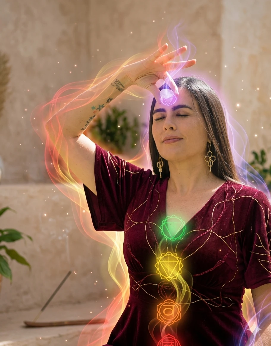 Terapeuta en chakras canalizando energía con cristales de colores